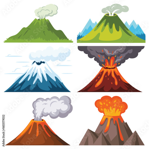 Collection of diverse volcano illustrations showing different eruptions and landscapes