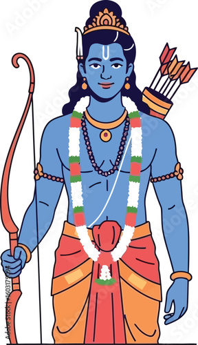 Illustration of a blue skinned deity holding a bow and arrow with a quiver on their back