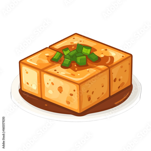 Square Tofu Dish With Green Onions And Brown Sauce