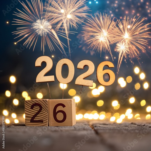 A vibrant vector illustration captures a happy New Year's 2026  Eve celebration with golden fireworks, stars, and bold 3D text