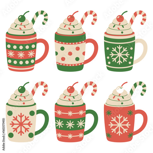 Festive christmas hot chocolate mugs with candy canes