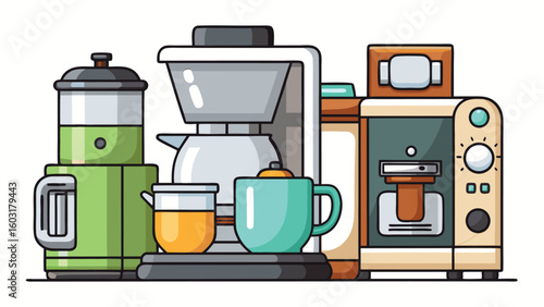 Modern kitchen appliances collection green coffee maker blender juicer kettle