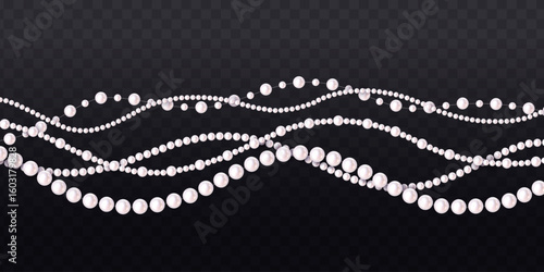 Multiple strands of shiny white pearls in wavy alignment, realistic graphic style, on transparent checkered dark background. Concept of luxury. Vector illustration