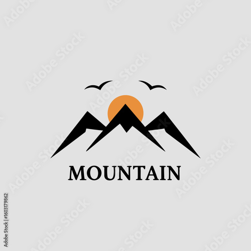 Black mountain range with orange sun and birds on white background peak summit