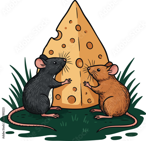Two curious mice with large piece of yellow cheese on grass vector illustration