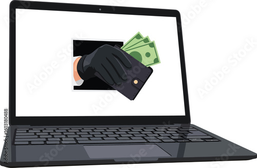 A laptop displaying a hand in a black glove holding money emerging from the screen image
