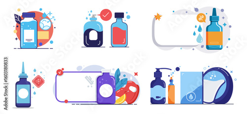 Various cleaning products and bottles in flat design style, set, fluoride free