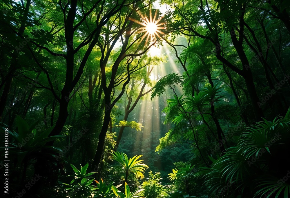 Naklejka premium Deep emerald forest, sunlight dappling through dense canopy, vibrant undergrowth, serene, plants