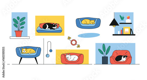 Illustrations of cute fluffy cats relaxing in cozy pet beds surrounded by plants and home decor items