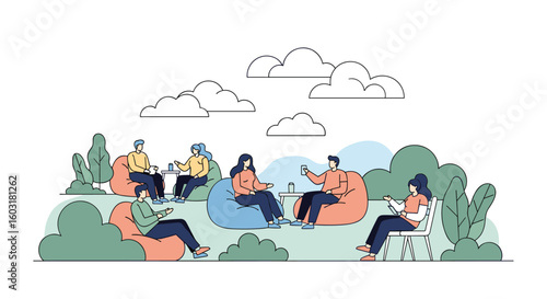 People relaxing in a park sitting on beanbag chairs enjoying the outdoors with friends