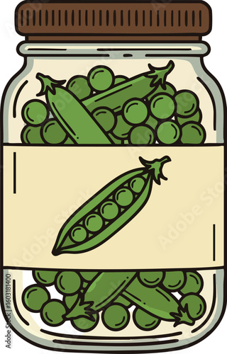 Green pea pods preserved in glass jar with brown lid and blank label vector illustration