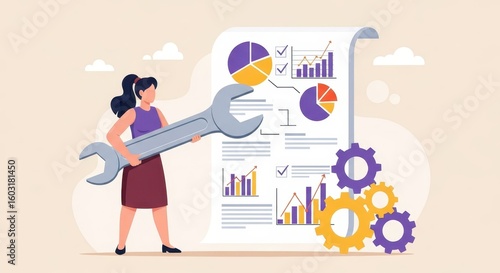 Wallpaper Mural Flat illustration of a woman holding a large wrench next to a document with financial charts and gears Torontodigital.ca