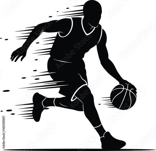 Dynamic silhouette of a basketball player dribbling with speed lines