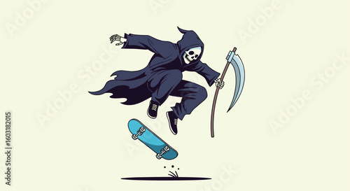 The Grim Reaper Skateboarder Performing an Epic Aerial Trick in a Retro Pixel Art Style