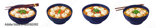 Colorful bowls of ramen noodles with toppings and chopsticks, set, mapo tofu