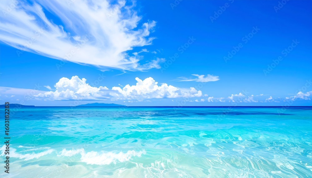 Fototapeta premium Turquoise water landscape under bright skies with fluffy clouds in serene ocean environment