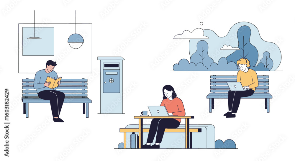 Fototapeta premium People Using Technology and Relaxing Outdoors in a Public Space Creating a Peaceful Community Atmosphere