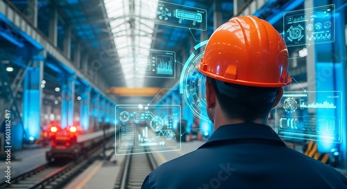 Engineer in a futuristic factory monitoring industrial data