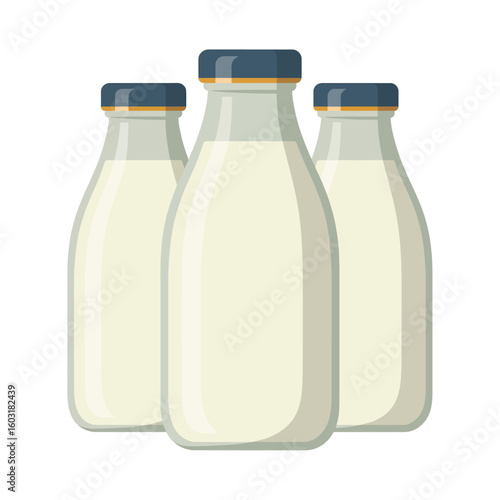 Three glass bottles filled with creamy white milk