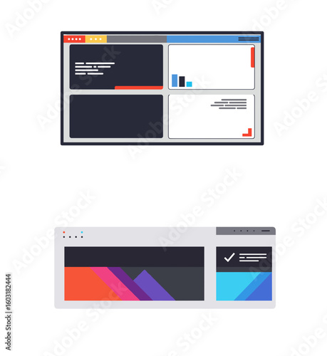 Modern user interface designs for web applications in flat style, set, replace window