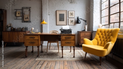 Vintage workspace featuring a wooden desk, typewriter, and elegant yellow armchair