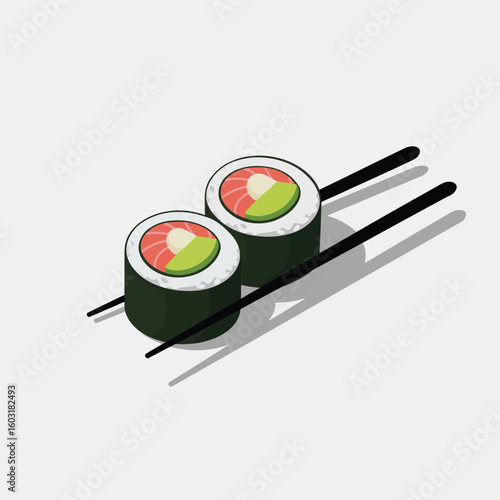 Two delicious sushi rolls with chopsticks on a light background