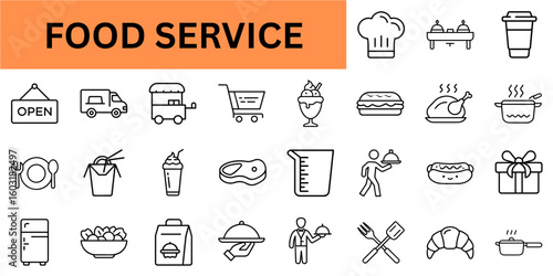 Food service icon set featuring various food and drink symbols  