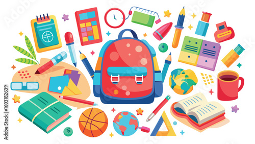 Vibrant illustration of school supplies and educational items backpack books