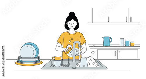 Young woman washing dishes at home in the kitchen with soap and water