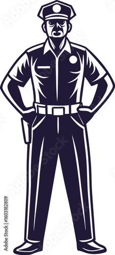 Stylized illustration of a police officer standing with hands on hips law enforcement