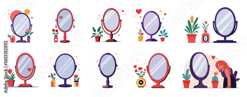 Colorful decorative mirrors with plants and accessories on white background, set, self-love mirror