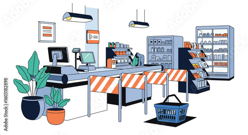 Modern Grocery Store Checkout Area with Self Service Options and Shopping Basket Illustration