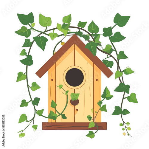 Cute Wooden Birdhouse Decorated With Ivy