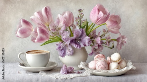 Wallpaper Mural Delicate floral arrangement with coffee and macarons. Torontodigital.ca