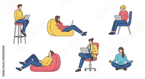 Diverse Group of People Working and Relaxing with Laptops and Bean Bags in Various Poses and Settings