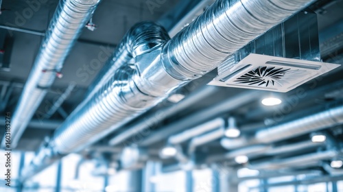 High-quality photo of metal air conditioning vent ducts and pipes hang from ceiling in modern building interior. Climate control system, cool, heat, fresh air, temperature, install.