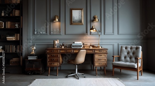 Elegant home office interior with classic wooden desk and vintage typewriter design