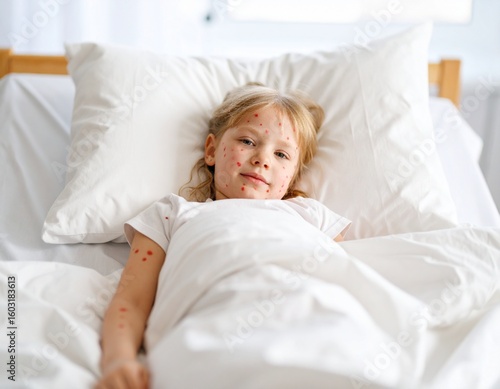 young girl gets smallpox all his body and lies on his bed in the hospital 