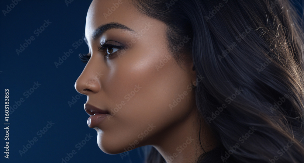 Fototapeta premium Beautiful close-up portrait of a medium-dark skinned person with long dark hair against a deep blue background