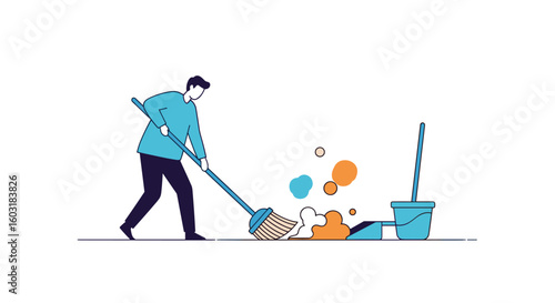 Man Cleaning Messy Floor Using Mop and Bucket with Water and Soap Bubbles