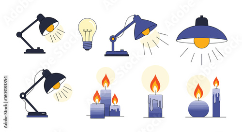 Collection of various electric lamps and candles emitting warm light in a modern illustration style
