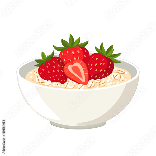 White Bowl Of Oatmeal With Strawberries