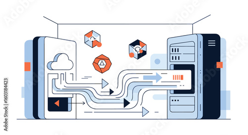Illustrating the seamless flow of digital information between cloud services and powerful server infrastructure