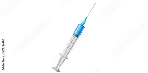 Syringe With Blue Liquid Isolated On White Background, Medical Drug Injection Vector Illustration.	