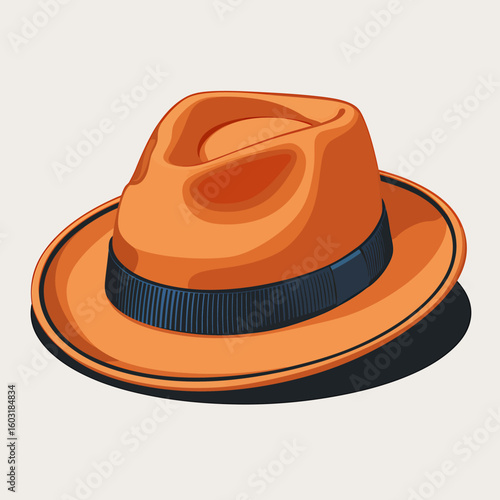 Stylish orange fedora hat with dark blue band