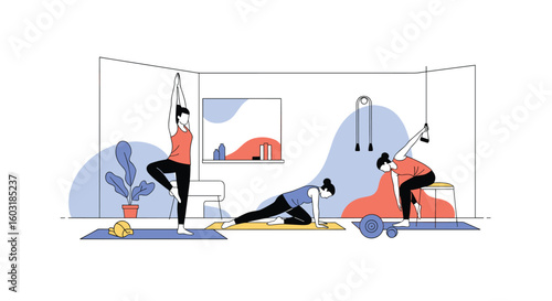 Active individuals practice various yoga poses and exercises in a modern home studio environment promoting wellness and healthy lifestyle choices for everyone to enjoy and benefit from