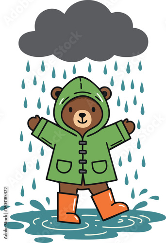 Bear wearing green raincoat and orange boots playing in rainy weather vector illustration