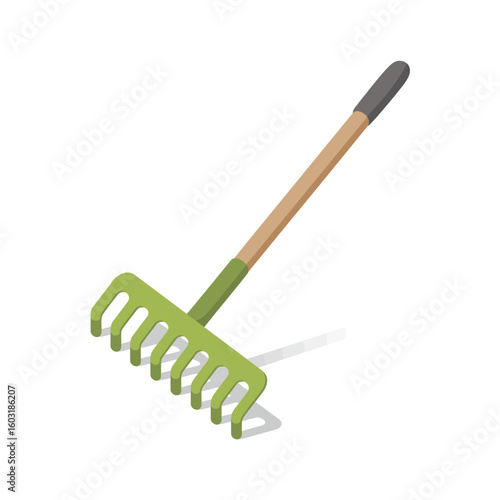 Green garden rake with wooden handle on white background