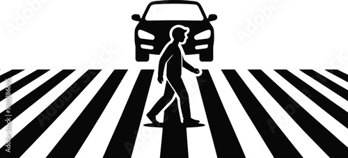 A pedestrian crossing a zebra crossing with a silhouette of a car in the background in black and white