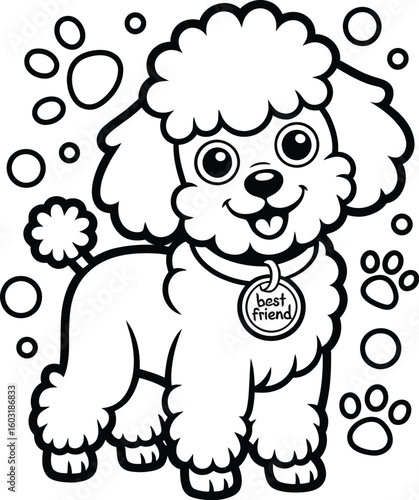 A cartoon poodle with a best friend tag surrounded by circles and paw prints in a black and white image